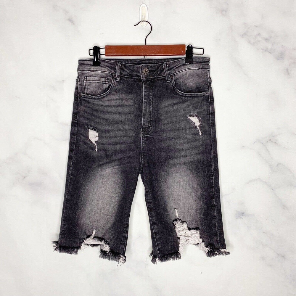 Risen High Rise Distressed Faded Black Denim Bermuda Style Jean Shorts Large